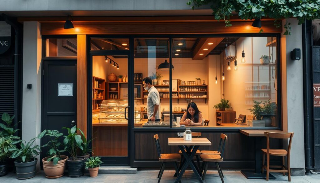 A cozy and inviting coffee bar nestled in the charming Ann Siang Hill neighborhood. The exterior features a warm, rustic facade with wooden accents and potted plants lining the entrance. Through the large windows, one can glimpse the intimate interior, bathed in soft, diffused lighting that creates a welcoming ambiance. The countertop is adorned with an array of tempting pastries and coffee drinks, beckoning passersby to step inside and indulge. Wooden tables and chairs are scattered throughout, providing ample seating for customers to savor their beverages and engage in lively conversation. The overall scene evokes a sense of comfort, community, and the perfect setting for a leisurely coffee break.