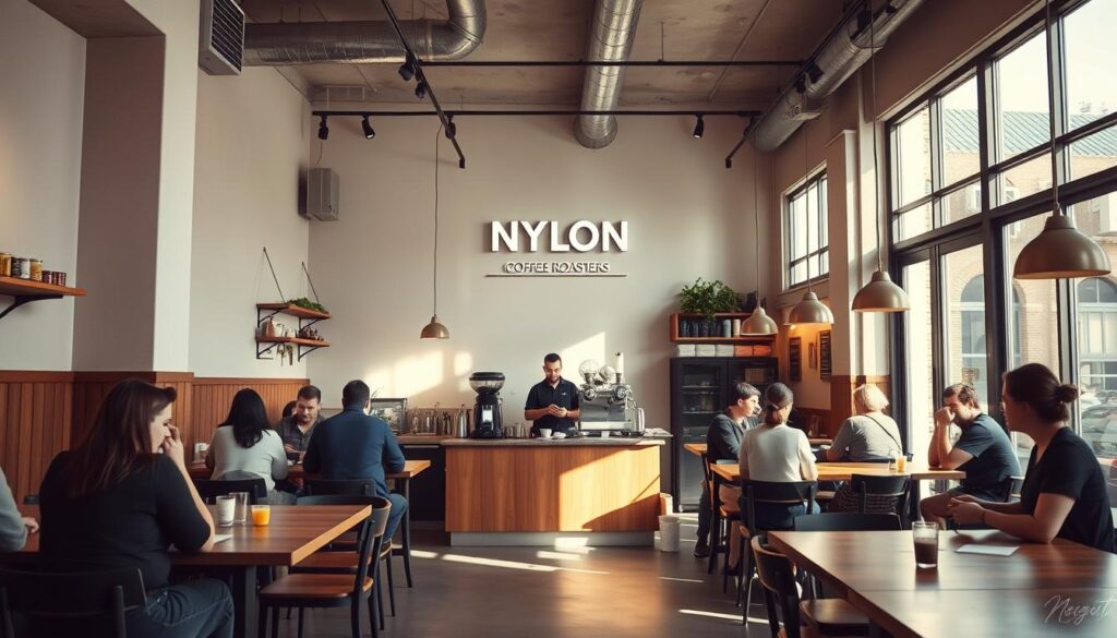 A cozy and inviting coffee shop interior, with the Nylon Coffee Roasters logo prominently displayed on a wall-mounted sign. Warm, natural lighting illuminates the space, highlighting the sleek, minimalist design elements - polished concrete floors, exposed beams, and large windows allowing ample natural light to flow in. The focus is on the central coffee bar, where a skilled barista expertly prepares a variety of specialty coffee drinks. Customers sit at wooden tables, sipping their beverages and enjoying the tranquil ambiance. The overall mood is one of refined sophistication and appreciation for exceptional coffee.