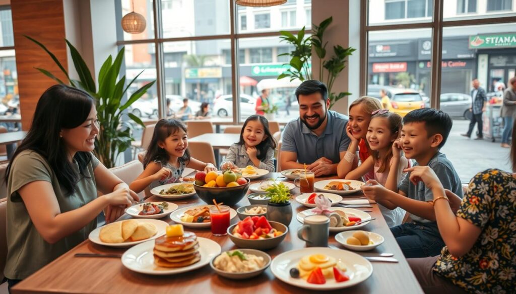 A cozy and inviting family-friendly brunch scene in a modern Singaporean cafe. In the foreground, a table set with colorful and artfully-plated dishes - fresh fruit, fluffy pancakes, and savory breakfast items. Surrounding the table, a mix of adults and children enjoying a leisurely meal together, their faces alight with conversation and laughter. The middle ground features the cafe's bright and airy interior, with large windows letting in natural light and potted plants adding a touch of greenery. In the background, the bustling streets of Singapore can be glimpsed through the windows, creating a sense of connection to the vibrant city. The overall mood is warm, cheerful, and welcoming, capturing the essence of a delightful family brunch experience.