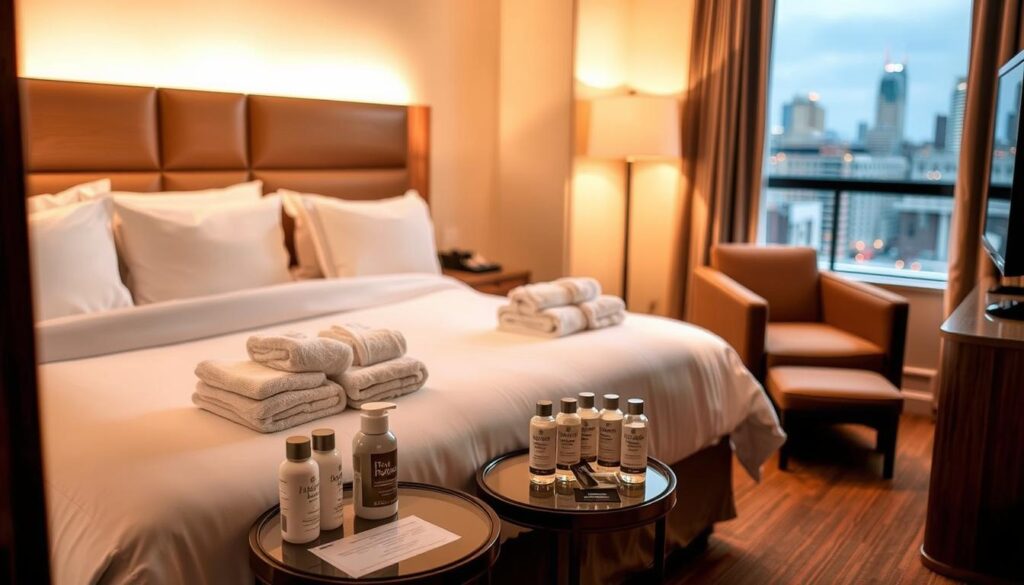 A cozy and inviting hotel room with plush bedding, fluffy towels, and an array of complimentary amenities. Warm lighting casts a soft glow, creating a serene and relaxing atmosphere. A small table in the foreground showcases a selection of hotel-branded toiletries, while a comfortable chair and nightstand are visible in the middle ground. The background features a window overlooking a bustling city skyline, hinting at the convenient location of this affordable yet well-appointed accommodation.