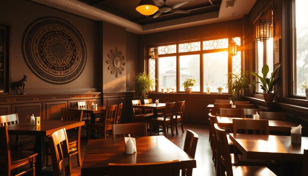 A cozy and inviting interior of the Sabar Menanti restaurant, bathed in warm, golden light filtering through large windows. Polished wooden tables and chairs are arranged neatly, complemented by intricate Malay-inspired decor on the walls. The atmosphere is relaxed and welcoming, with a subtle aroma of spices wafting through the air. Potted plants and traditional lamps add to the charming ambiance, creating a truly authentic Nasi Padang dining experience. The composition captures the restaurant's attention to detail and commitment to preserving the essence of Minangkabau culinary traditions.