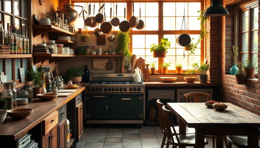 A cozy and inviting kitchen, bathed in warm natural light filtering through large windows. Wooden countertops and shelves, filled with an array of spices, cookbooks, and essential tools. A classic gas stove and oven take center stage, ready to whip up delectable dim sum delights. Hanging pots and pans, complemented by vibrant leafy greens and potted herbs, create a lived-in, homely atmosphere. Weathered tile floors and exposed brick walls add character, while a simple wooden table with mismatched chairs beckons for informal gatherings and hearty meals. This is the heart of Victor's Kitchen, where authenticity and passion for Cantonese cuisine shine through every dish.