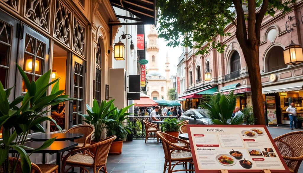 A cozy and vibrant Malay-Western fusion restaurant in the heart of Kampong Glam, Singapore. The exterior features a beautifully restored shophouse facade with intricate architectural details and a warm glow from the cafe's windows. In the foreground, an inviting alfresco dining area with rattan furniture and lush potted plants. The middle ground showcases the restaurant's menu highlighting halal Malay-inspired dishes with a modern twist. The background captures the bustling Bussorah Street, with its ornate Sultan Mosque and eclectic mix of shops and eateries. Soft natural lighting filters through, creating a welcoming and authentic atmosphere. A cozy and vibrant Malay-Western fusion restaurant in the heart of Kampong Glam, Singapore. The exterior features a beautifully restored shophouse facade with intricate architectural details and a warm glow from the cafe's windows. In the foreground, an inviting alfresco dining area with rattan furniture and lush potted plants. The middle ground showcases the restaurant's menu highlighting halal Malay-inspired dishes with a modern twist. The background captures the bustling Bussorah Street, with its ornate Sultan Mosque and eclectic mix of shops and eateries. Soft natural lighting filters through, creating a welcoming and authentic atmosphere.