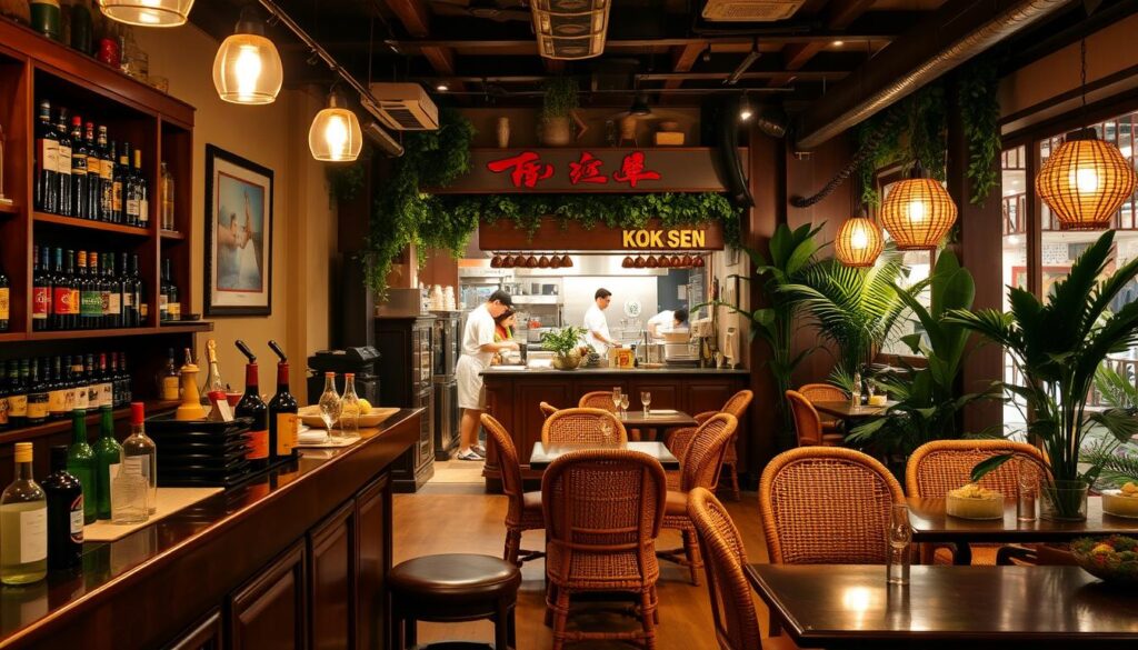 A cozy and vibrant interior of Kok Sen Restaurant, a renowned Tze Char establishment in Singapore. The foreground features a well-stocked bar with an array of bottles and glassware, while the middle ground showcases the bustling open kitchen, chefs skillfully preparing signature dishes. The background depicts warm, inviting seating areas with rattan furniture and lush greenery, creating a relaxed, authentic atmosphere. Soft, diffused lighting casts a comforting glow, complementing the rich, earthy tones of the wooden accents. The overall scene conveys the restaurant's reputation for delicious, homestyle Singaporean cuisine and its welcoming, neighborhood vibe.
