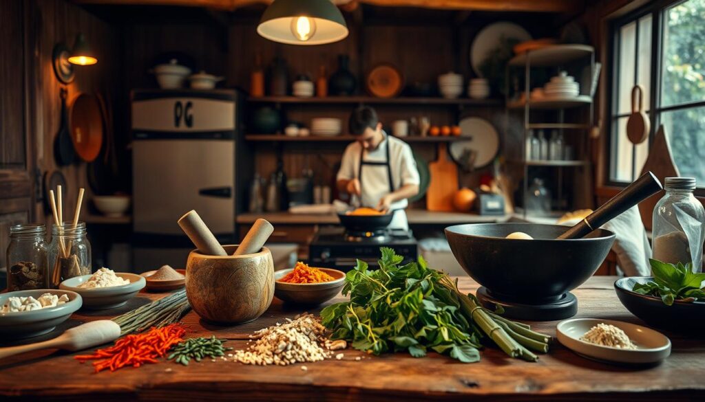 A cozy, authentic Thai kitchen with warm, muted lighting and a natural wooden aesthetic. In the foreground, various Thai spices, herbs, and ingredients are neatly arranged on a rustic wooden table, with a mortar and pestle and a traditional Thai wok. In the middle ground, a skilled chef prepares a fragrant Thai dish, their movements captured in a cinematic, almost choreographed manner. The background features a well-stocked pantry and shelves displaying traditional Thai cookware and utensils. The overall atmosphere is one of cultural richness, culinary expertise, and the comforting aroma of Thai cuisine.
