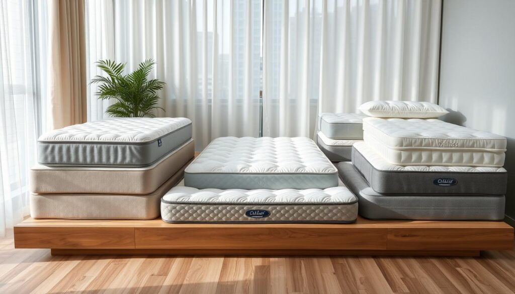 A cozy bedroom setting showcasing a collection of affordable mattresses in various sizes and styles. The mattresses are displayed on a wooden platform, with soft lighting filtering through sheer curtains. The middle ground features a mix of plush, medium-firm, and firm mattress options in neutral tones, inviting potential customers to envision their ideal sleep setup. The background subtly suggests a serene, urban environment, hinting at the practical accessibility of these affordable yet high-quality mattress choices for the Singaporean market.