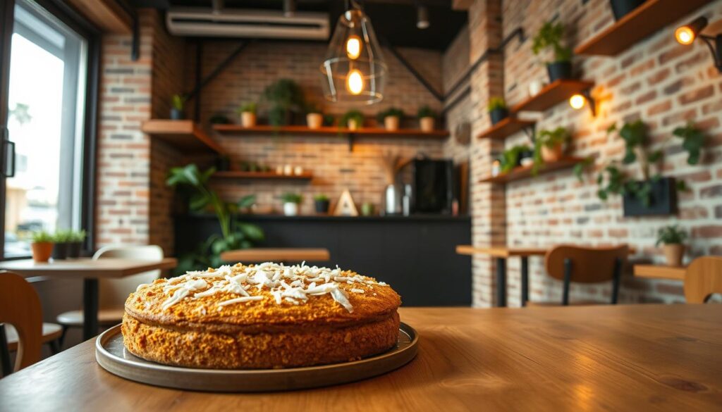 A cozy cafe in the heart of Singapore, with a vibrant 618 sim carrot cake proudly displayed on a wooden table. The carrot cake is fresh, moist, and garnished with toasted coconut shreds, casting a warm, inviting glow under the soft, diffused lighting. The cafe's interior is minimal yet charming, with exposed brick walls, plant-adorned shelves, and a vintage-inspired pendant lamp overhead, creating a serene and inviting atmosphere. The scene is captured through a medium-wide angle lens, allowing the viewer to appreciate the details of the carrot cake and the cafe's ambiance.