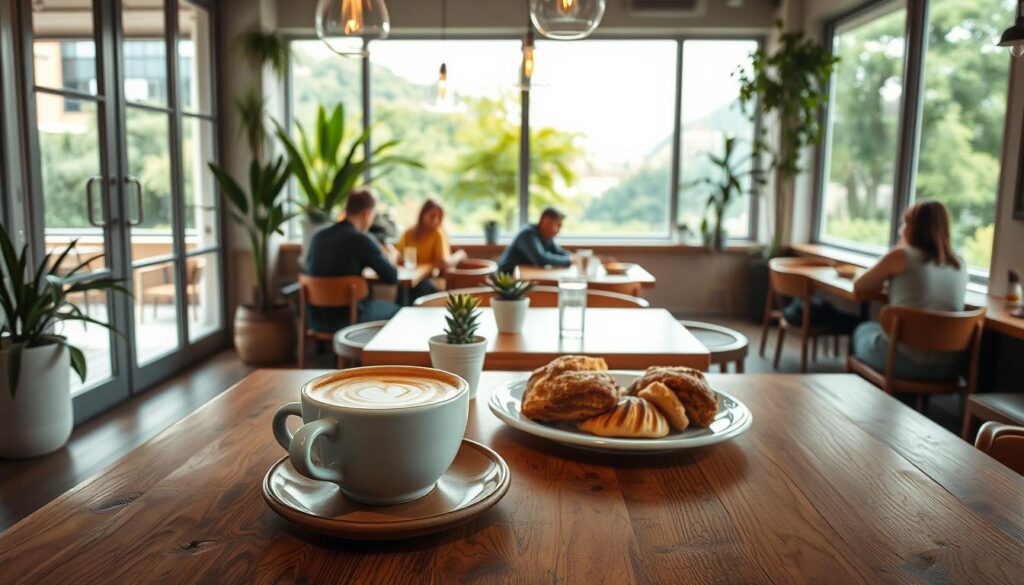A cozy cafe interior filled with natural light, soft pastel hues, and the aroma of freshly brewed coffee. In the foreground, a table adorned with a rustic wooden surface, a platter of artfully arranged pastries, and a steaming cup of coffee with a delicate latte art design. In the middle ground, patrons casually conversing over hearty breakfast dishes, the ambiance enhanced by pendant lighting and potted plants. The background features large windows overlooking a lush, verdant urban landscape, creating a sense of tranquility and escapism. The overall scene evokes a welcoming, indulgent atmosphere, perfectly capturing the essence of a "brunch lover's dream."