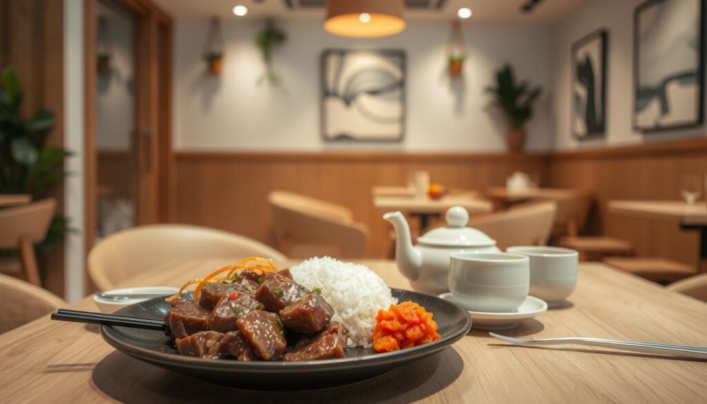 A cozy cafe interior with a modern fusion menu, showcasing a mix of Korean and Japanese culinary influences. In the foreground, a beautifully plated dish of bulgogi-inspired beef with a side of fluffy rice and kimchi. The middle ground features a minimalist yet stylish table setting, complete with chopsticks, a ceramic teapot, and delicate tea cups. The background reveals a warm, softly lit space with clean lines, natural wood tones, and a few thoughtfully placed decorative elements, such as hanging plants and a muted abstract artwork. The overall atmosphere exudes a sense of refined simplicity and cultural harmony.