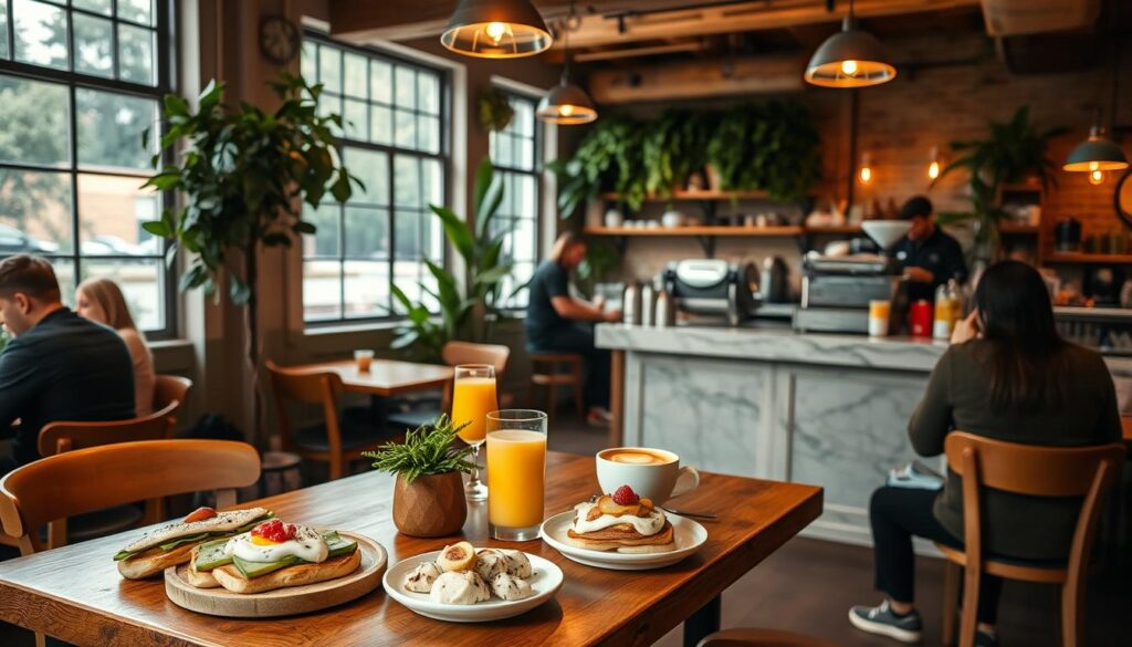 A cozy cafe interior with warm lighting and a rustic, inviting ambiance. In the foreground, a wooden table is set with a delicious-looking brunch spread - avocado toast, fluffy pancakes, and a refreshing fruit salad. Customers sit around the table, enjoying their meal and conversation. The middle ground features a marble-topped counter with a barista meticulously crafting latte art. Lush greenery and natural wood accents create a calming, earthy atmosphere. Large windows allow natural light to pour in, illuminating the scene. The overall mood is one of relaxation and indulgence, making this a perfect spot for a wallet-friendly yet satisfying brunch experience.