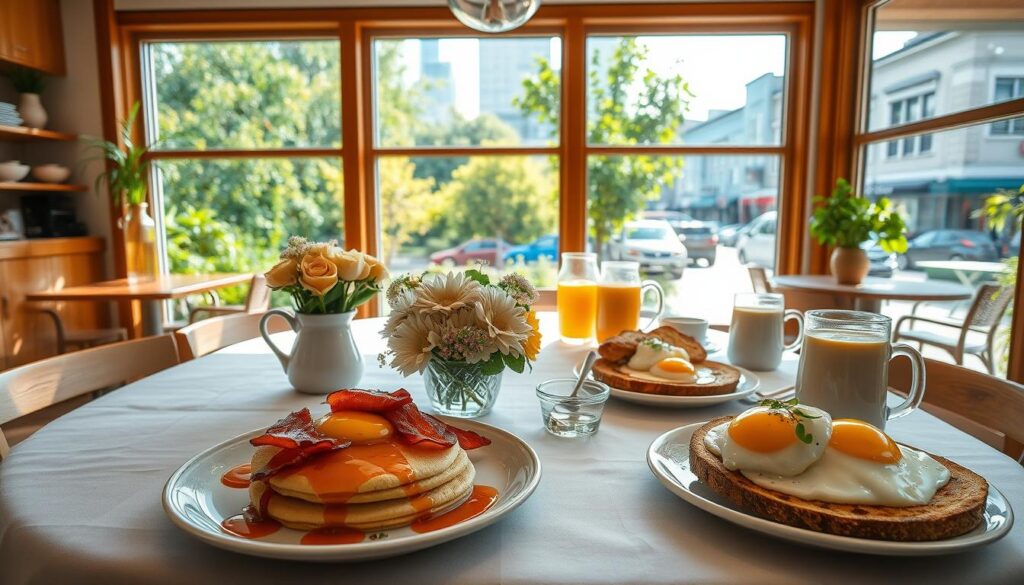 A cozy café setting on a sunny weekend morning. A large table covered with a white tablecloth, adorned with a centerpiece of fresh flowers. In the foreground, an assortment of brunch dishes - fluffy pancakes drizzled with maple syrup, crispy bacon, and perfectly poached eggs on toasted sourdough. Pitchers of freshly squeezed orange juice and steaming cups of aromatic coffee complete the scene. The middle ground features a light-filled interior with large windows, allowing natural illumination to flood the space. Warm, earthy tones and wooden accents create a welcoming ambiance. In the background, a glimpse of lush greenery and a bustling city streetscape can be seen through the café's panoramic windows, adding a sense of vibrancy to the tranquil brunch setting.