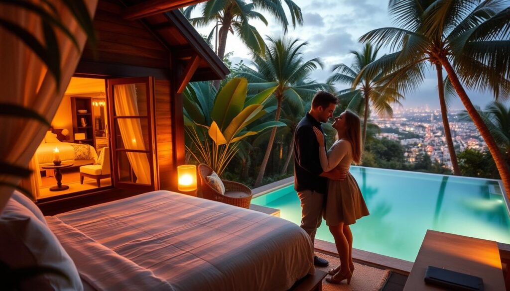 A cozy, candlelit villa nestled amidst lush, tropical foliage. Soft, golden light filters through the open windows, casting a warm glow on the plush bedding and rustic, wooden furnishings. In the foreground, a couple embraces on a private balcony, overlooking a serene, azure pool and the distant skyline of a bustling city. The scene emanates a sense of tranquility and romance, perfect for a couple's intimate getaway.