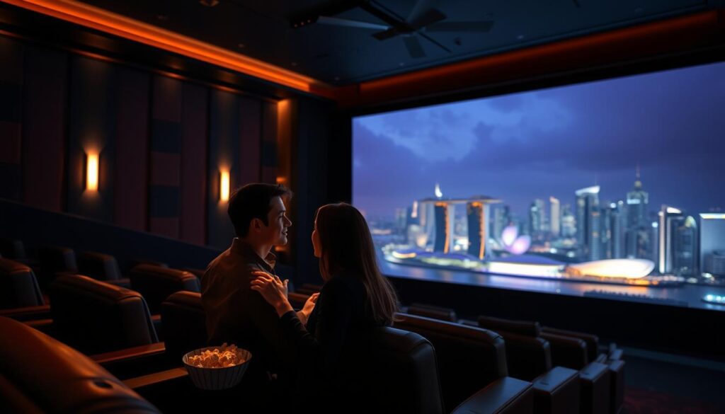 A cozy cinema interior, dimly lit with warm ambient lighting, plush leather seats and a large projection screen. In the foreground, a couple shares a bowl of popcorn, their hands intertwined as they gaze into each other's eyes, the soft glow of the screen reflecting on their faces. In the background, the iconic cityscape of Singapore's skyline can be seen through the panoramic windows, the Marina Bay Sands and other landmarks illuminating the night sky. The atmosphere is intimate, romantic, and perfectly suited for a memorable date night.