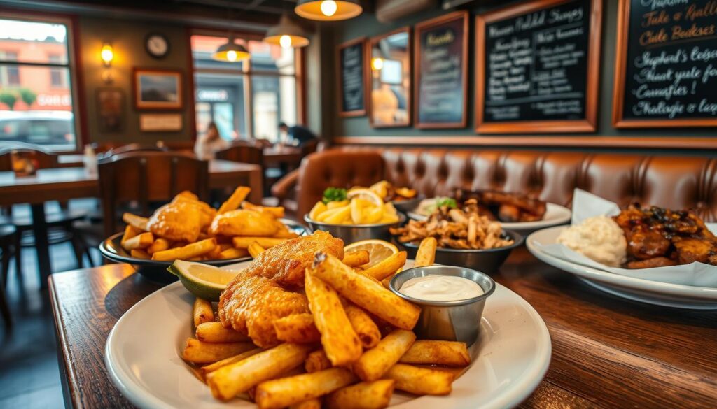 A cozy corner cafe in a bustling city, the warm glow of overhead lighting illuminating a delectable spread of western cuisine. In the foreground, a plate of golden-brown fish and crispy fries, complemented by a tangy tartare sauce and a fresh lemon wedge. In the middle ground, a selection of hearty dishes like shepherd's pie, grilled steak, and creamy mashed potatoes, all presented with care. The background showcases the inviting ambiance, with wooden tables, plush chairs, and a chalkboard menu adorning the walls. The scene exudes a sense of casual elegance, a budget-friendly delight for the discerning palate.