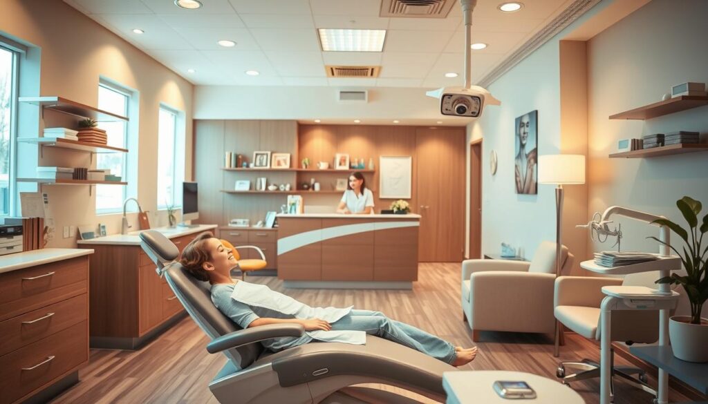 A cozy dental clinic interior, with warm lighting and soothing pastel tones. In the foreground, a patient sits comfortably in a reclining chair, their face relaxed as a dentist attentively examines their teeth. Shelves of dental equipment and supplies line the walls, creating a sense of professionalism. The middle ground features a reception desk, where a friendly staff member greets a patient. The background showcases a serene waiting area, with plush chairs and a calming, natural-inspired decor. The overall atmosphere conveys a welcoming, stress-free environment that prioritizes patient comfort and satisfaction.