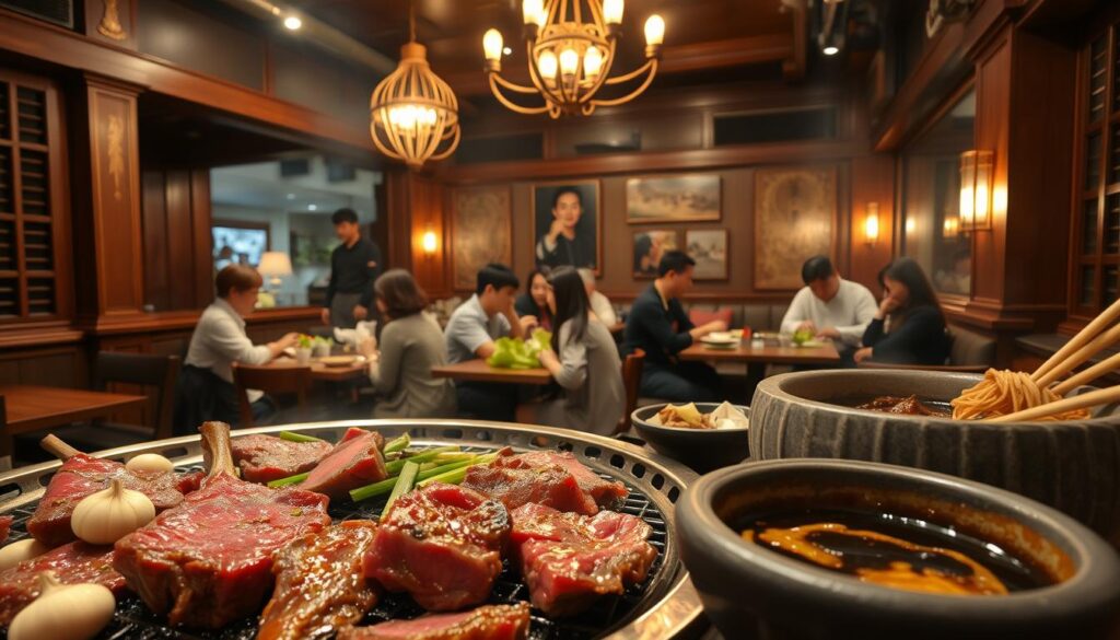 A cozy, dimly-lit Korean barbecue restaurant, with a rustic wooden interior and brass accents. In the foreground, a sizzling grill with tender beef short ribs, garlic cloves, and green onions. Beside it, a stone bowl of savory jjajangmyeon noodles, its black bean sauce glistening. In the middle ground, groups of friends and families gathered around small tables, laughing and chatting as they expertly grill and wrap the meat in fresh lettuce leaves. Hanging from the ceiling, a brass chandelier casts a warm, golden glow across the scene. The atmosphere is lively and intimate, evoking the vibrant culinary culture of Korea.