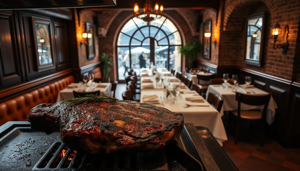 A cozy, dimly-lit Tuscan-style steakhouse, with warm wooden accents and terracotta tiles. In the foreground, a thick, juicy bistecca alla fiorentina sizzles on a cast-iron grill, its surface perfectly charred. The aroma of garlic, rosemary, and seared beef wafts through the air. In the middle ground, a long communal table is set with crisp white linens, heavy silverware, and elegant wine glasses. The background features exposed brick walls, brass sconces, and a large, arched window overlooking a bustling Italian street scene. The overall atmosphere is one of rustic elegance and authentic Italian dining experience.