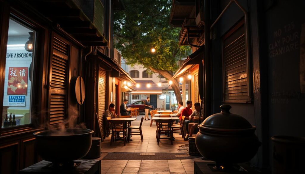 A cozy, dimly lit alleyway in a vibrant Singapore neighborhood, showcasing a hidden gem of a claypot rice restaurant. In the foreground, a traditional claypot sits atop a small charcoal stove, steam rising and tantalizing aromas wafting through the air. The middle ground features a bustling open-air dining area, with wooden tables and chairs occupied by locals and curious visitors savoring the dish. In the background, the facades of old shophouses and towering trees create a sense of timeless charm, while soft, warm lighting casts a golden glow over the entire scene, evoking a welcoming and authentic Singaporean atmosphere.