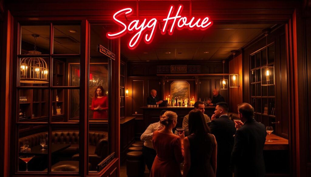 A cozy, dimly-lit cocktail bar with a vintage, speakeasy vibe. The facade features a warm, wooden exterior with large windows showcasing the inviting interior. Through the glass, glimpses of plush leather seating, brass accents, and a long, marble-topped bar can be seen. Hanging above the entrance, a neon sign reads "Sago House" in a stylish, retro font. The lighting is soft and atmospheric, creating a intimate and sophisticated ambiance. In the foreground, a group of well-dressed patrons sip expertly crafted cocktails, conversing animatedly. The overall impression is one of exclusivity, where discerning drinkers come to savor exceptional libations in a refined, hidden-away setting.