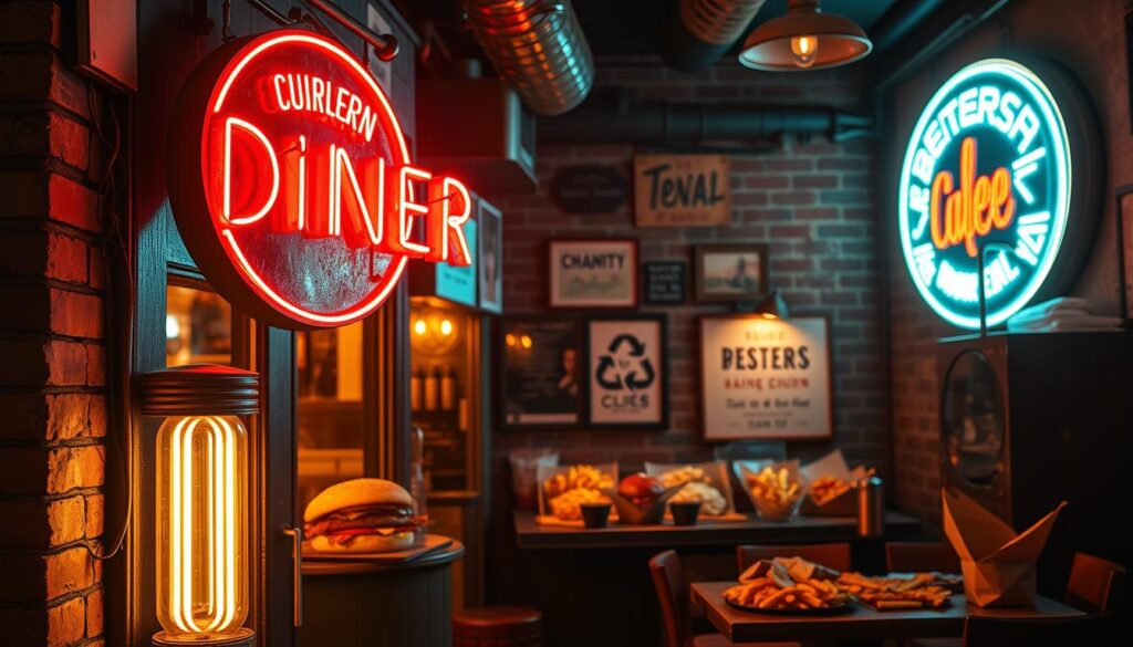 A cozy, dimly lit diner nestled in the heart of a bustling city, its unassuming facade concealing a hidden gem of western cuisine. The foreground features a vintage-style neon sign casting a warm glow over the entrance, inviting passersby to discover the culinary delights within. The middle ground showcases a display of mouthwatering dishes, from hearty burgers and crispy fries to decadent desserts, all presented with a modern, artisanal flair. The background is a blend of exposed brick walls, retro-inspired decor, and soft, atmospheric lighting, creating an intimate and welcoming ambiance. This image captures the essence of a lesser-known, yet exceptional western food spot, a true hidden gem waiting to be discovered.