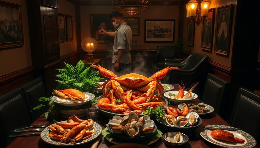 A cozy, dimly-lit interior of a Singaporean seafood restaurant, Mellben Seafood. The focal point is a large, steaming dish of chilli crab, surrounded by an array of fresh seafood delicacies such as prawns, oysters, and clams. The table is adorned with lush greenery, traditional Peranakan ceramic plates, and gleaming silverware, creating an elegant and inviting atmosphere. Soft, warm lighting illuminates the scene, casting a golden glow and highlighting the rich, vibrant colors of the dishes. The walls are adorned with vintage photographs and artwork, giving the space a timeless, heritage feel. The overall mood is one of refined sophistication and mouthwatering anticipation.
