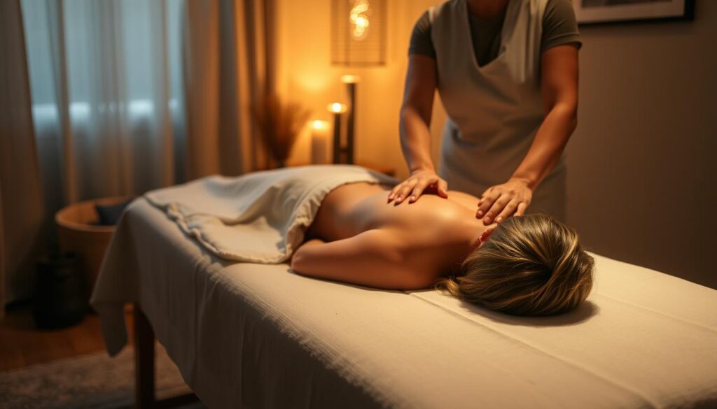 A cozy, dimly lit massage therapy studio with soft, warm lighting. A person is lying face-down on a massage table, covered in soft, plush linens. A skilled massage therapist stands beside the table, their hands kneading and manipulating the client's muscles with gentle, targeted pressure. The atmosphere is serene and calming, with the soothing scent of essential oils lingering in the air. The camera captures the scene from a slightly elevated angle, emphasizing the personalized and intimate nature of the treatment. A cozy, dimly lit massage therapy studio with soft, warm lighting. A person is lying face-down on a massage table, covered in soft, plush linens. A skilled massage therapist stands beside the table, their hands kneading and manipulating the client's muscles with gentle, targeted pressure. The atmosphere is serene and calming, with the soothing scent of essential oils lingering in the air. The camera captures the scene from a slightly elevated angle, emphasizing the personalized and intimate nature of the treatment.