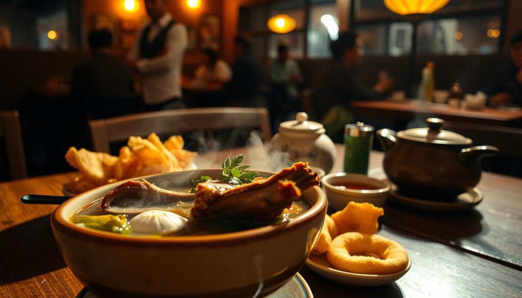A cozy, dimly lit restaurant interior with warm, mellow lighting casting a soft glow over a traditional Singaporean bak kut teh meal. In the foreground, a steaming bowl of the signature herbal broth, with tender pork ribs, glistening mushrooms, and fragrant herbs. In the middle ground, a worn, wooden table setting with a ceramic pot of tea, crisp fried dough fritters, and condiments. In the background, the faint silhouettes of other diners, creating a sense of atmosphere and ambiance. The overall mood is one of comfort, nostalgia, and the timeless traditions of Singaporean cuisine.