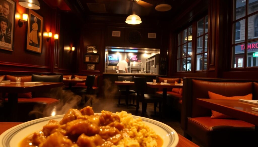 A cozy, dimly-lit restaurant interior with wooden tables, cushioned banquettes, and warm lighting. In the foreground, a plate of hearty, steaming comfort food - perhaps a creamy curry, fragrant rice, and tender meat or vegetables. The middle ground features the bustling open kitchen, chefs expertly preparing dishes. In the background, the historic Amoy Street facade is visible through large windows, hinting at the restaurant's heritage. An intimate, welcoming atmosphere pervades the scene, inviting the viewer to imagine themselves savoring a delicious meal at Tambi Restaurant.