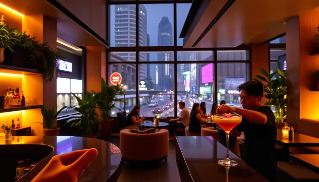 A cozy, dimly-lit vegan cocktail bar in Singapore, bathed in warm, golden lighting. The sleek, minimalist interior features clean lines, natural wood, and lush greenery. In the foreground, a bartender skillfully mixes a vibrant, plant-based cocktail, the glass rimmed with a delicate flower garnish. The middle ground showcases plush seating areas, where patrons sip their drinks and engage in lively conversation. Through large windows, the bustling streets of Singapore's vibrant city center are visible in the background, creating a chic, urban atmosphere.