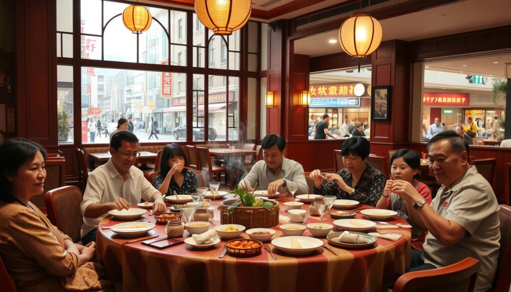 A cozy, family-friendly Cantonese restaurant with a warm, inviting ambiance. In the foreground, a large, round dining table is set with traditional porcelain dishes, chopsticks, and steam-filled bamboo baskets. Families of various ages sit around the table, enjoying a shared meal and lively conversation. The middle ground features a spacious, open-plan dining room with tasteful, wooden furniture and red, lacquered accents. Soft, golden lighting emanates from overhead lanterns, casting a gentle glow over the scene. In the background, a large window offers a picturesque view of a bustling Chinatown street, complete with vibrant signage and pedestrians going about their day. The overall atmosphere exudes a sense of comfort, community, and authentic Cantonese culinary tradition. A cozy, family-friendly Cantonese restaurant with a warm, inviting ambiance. In the foreground, a large, round dining table is set with traditional porcelain dishes, chopsticks, and steam-filled bamboo baskets. Families of various ages sit around the table, enjoying a shared meal and lively conversation. The middle ground features a spacious, open-plan dining room with tasteful, wooden furniture and red, lacquered accents. Soft, golden lighting emanates from overhead lanterns, casting a gentle glow over the scene. In the background, a large window offers a picturesque view of a bustling Chinatown street, complete with vibrant signage and pedestrians going about their day. The overall atmosphere exudes a sense of comfort, community, and authentic Cantonese culinary tradition.