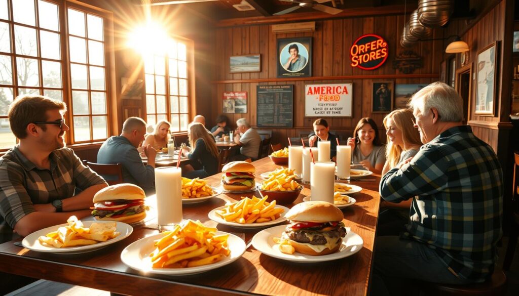 A cozy family-friendly Western food restaurant, bathed in warm afternoon sunlight streaming through large windows. A table in the foreground is set with plates of classic American fare - juicy burgers, crisp fries, and creamy milkshakes. In the middle ground, families gather around other tables, laughing and enjoying their meals. The background features rustic wood-paneled walls, accented with vintage Americana decor like neon signs and framed posters. The atmosphere is relaxed and inviting, with a touch of nostalgic charm.