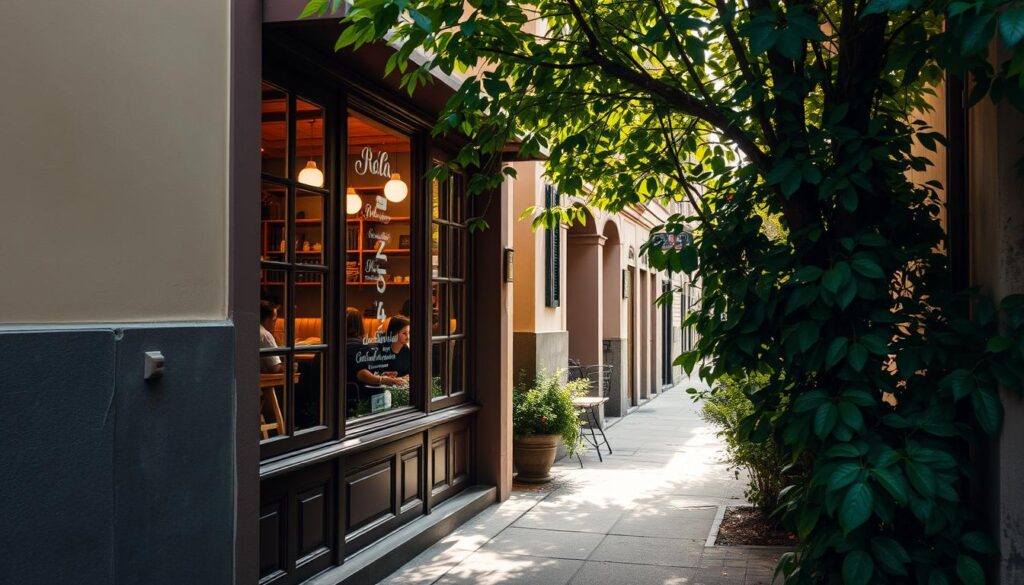 A cozy, hidden cafe nestled in a quiet alley, its facade blending seamlessly with the surrounding buildings. Through the window, glimpses of a warm, inviting interior - wooden accents, soft lighting, and a few patrons enjoying a leisurely brunch. The scene is bathed in the gentle glow of natural light filtering through the leaves of a nearby tree, creating a serene and peaceful atmosphere. A narrow path leads to the cafe's entrance, inviting the curious to discover this hidden gem. The overall impression is one of tranquility and a sense of escape from the bustling city streets.