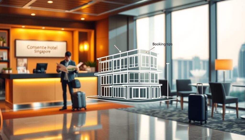 A cozy hotel lobby with warm lighting, showcasing a concierge desk and luggage storage area. In the foreground, a traveler is consulting a map and travel guides, planning their hotel booking. The middle ground features a stylized wireframe illustration of the hotel's exterior, with annotations highlighting booking tips. The background has a soft, blurred view of the Singapore skyline through large windows, conveying the city's vibrant atmosphere. The overall scene evokes a sense of planning and preparation for an affordable, yet comfortable hotel stay in Singapore.