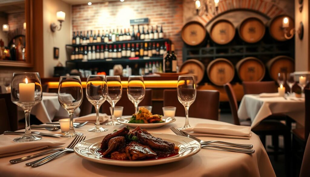 A cozy, intimate French dining experience. An elegantly set table with crisp white linen, gleaming silver cutlery, and delicate crystal glassware. Soft lighting from candles and wall sconces creates a warm, romantic ambiance. In the foreground, a decadent dish of beef bourguignon or coq au vin is served, its aroma wafting through the air. The middle ground features a well-stocked bar with rows of fine wines and liquors. In the background, a vintage, exposed-brick wall and a row of wooden wine barrels evoke the rustic charm of a Parisian bistro. The overall scene exudes a sense of refined sophistication and joie de vivre.