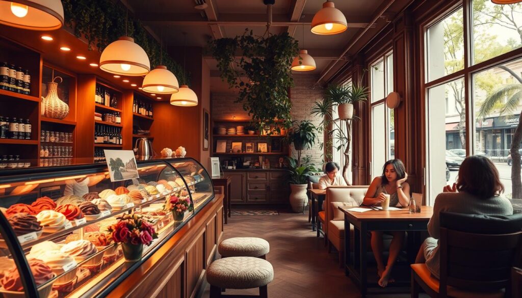 A cozy, intimate gelato parlor nestled in a charming, tree-lined street. Warm, soft lighting casts a welcoming glow over the space, with wooden furnishings and plush seating creating a comforting ambiance. Displayed behind a gleaming glass counter, an array of artisanal gelato flavors in vibrant hues beckon to be sampled. The counter is adorned with delicate floral arrangements, adding a touch of nature to the scene. Large windows allow natural light to filter in, giving the space an airy, inviting feel. Patrons sit contentedly, savoring their creamy, decadent treats as they converse with friends or lose themselves in a good book. The overall atmosphere radiates a sense of peaceful indulgence, a true haven for gelato enthusiasts.