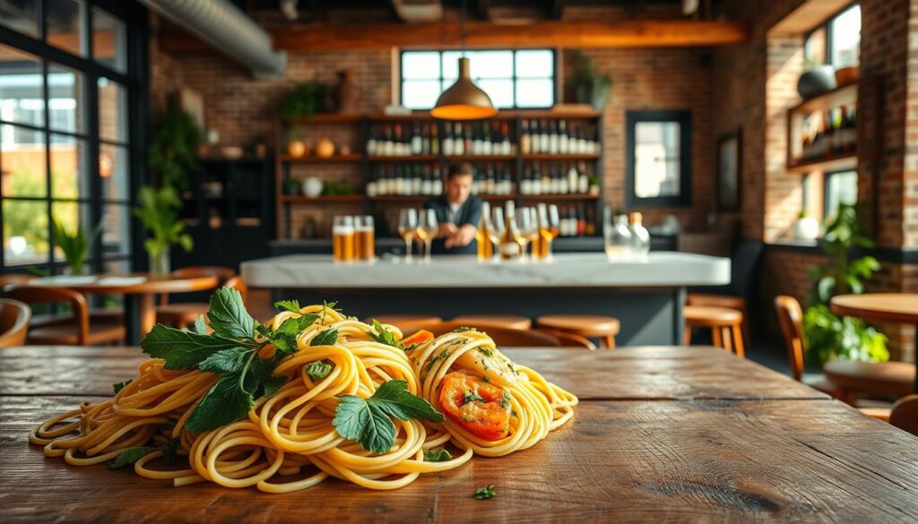 A cozy, intimate setting in a modern Italian restaurant. In the foreground, a rustic wooden table showcases a vibrant display of freshly handmade pasta, with strands of tagliatelle, pappardelle, and ravioli nestled alongside a selection of seasonal vegetables and herbs. Soft, natural lighting filters through large windows, casting a warm glow over the scene. In the middle ground, a bartender stands behind a sleek, marble-topped bar, meticulously crafting an array of natural wines, their amber hues reflecting the overall ambiance. The background features exposed brick walls, framed by wooden beams and shelves adorned with bottles and artisanal accents, creating a welcoming, authentic atmosphere.