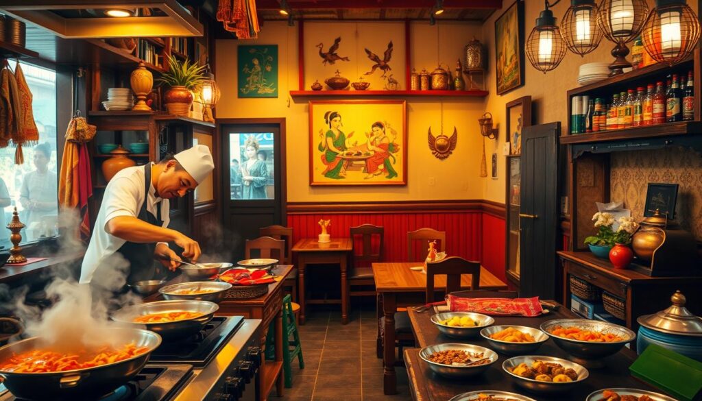 A cozy, inviting Thai kitchen scene with a focus on the vibrant, aromatic cooking and traditional decor. In the foreground, a chef expertly prepares fragrant Thai dishes on a stove, steam rising. The middle ground features wooden tables and chairs, with decorative Thai textiles and ornaments. In the background, the walls are adorned with Thai artwork, shelves displaying colorful spices and condiments. Warm, soft lighting illuminates the scene, creating a welcoming and authentic atmosphere. The overall composition conveys the essence of a lively, authentic Thai street kitchen.