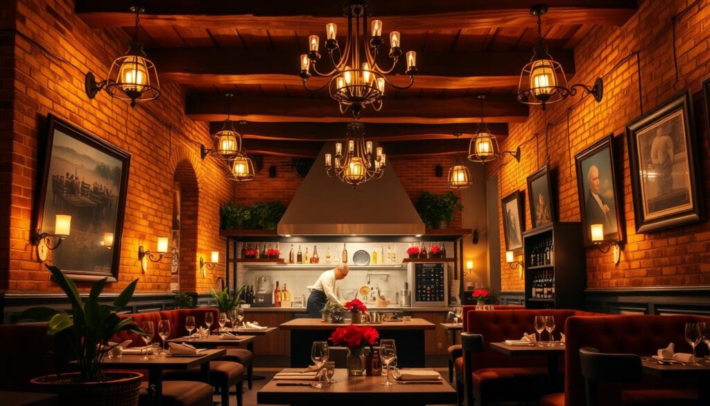 A cozy, inviting interior of Pastaria Abate, a traditional Italian restaurant. Warm lighting casts a golden glow over the space, illuminating the rustic exposed brick walls and wooden beams overhead. Plush velvet banquettes line the walls, creating intimate dining nooks. Ornate chandeliers hang from the ceiling, casting a soft, romantic ambiance. The centerpiece is a large, open kitchen where skilled chefs can be seen preparing authentic Italian dishes. Vibrant potted plants and framed artwork add pops of color, complementing the earthy, vintage-inspired aesthetic. Elegant place settings and a well-stocked wine display complete the authentic Italian trattoria atmosphere.