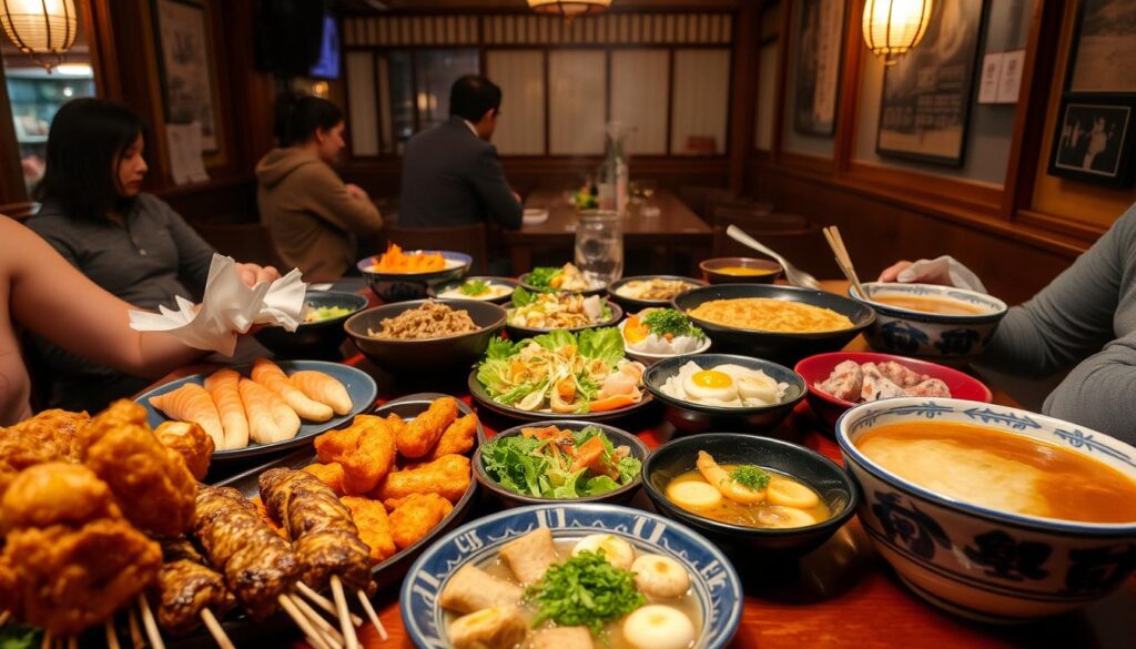 A cozy izakaya setting, with a lively atmosphere and an array of mouthwatering Japanese comfort dishes laid out on the table. In the foreground, skewers of grilled yakitori and crispy karaage chicken bites sit alongside sizzling okonomiyaki pancakes and steaming bowls of ramen. In the middle ground, a selection of sashimi, edamame, and small plates such as agedashi tofu and takoyaki dot the table, while in the background, a warm, inviting ambiance is created by soft lighting and a traditional Japanese interior. The scene evokes a sense of casual dining, shared experiences, and the comforting flavors of Japanese cuisine.