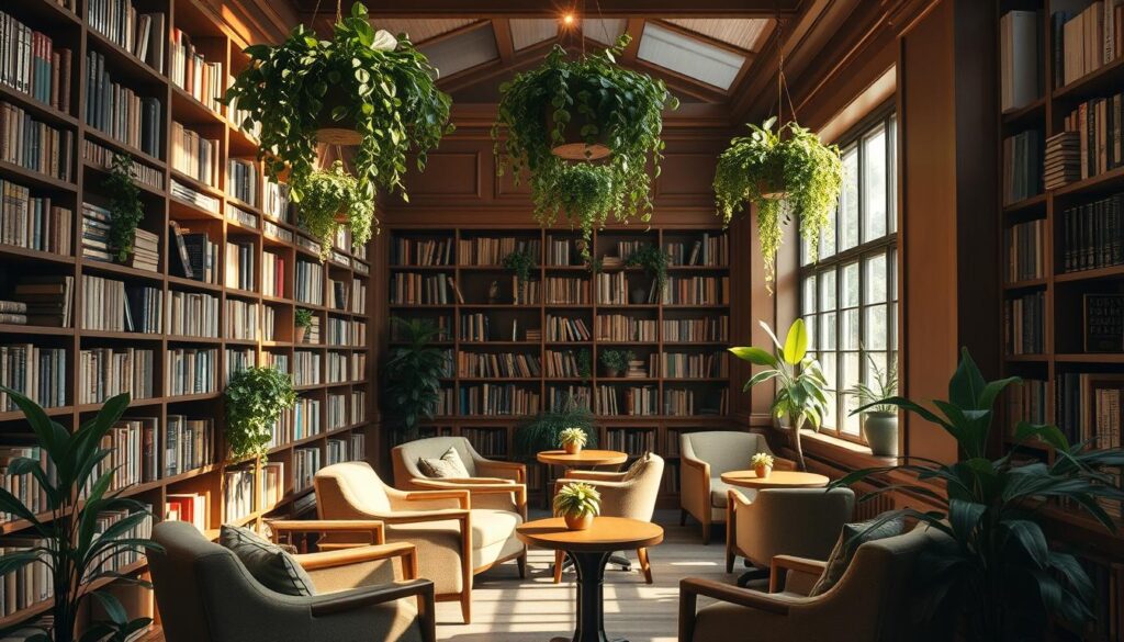 A cozy library-themed vegan café, with warm lighting and a welcoming atmosphere. Bookshelves line the walls, filled with a curated selection of tomes. Plush armchairs and small wooden tables invite patrons to settle in and savor their plant-based delights. Lush greenery spills from hanging baskets, creating a soothing, nature-inspired ambiance. Sunlight filters through large windows, casting a soft glow over the space. The aroma of freshly brewed coffee and baked goods wafts through the air, enticing passersby to step inside and immerse themselves in this serene, intellectual haven.