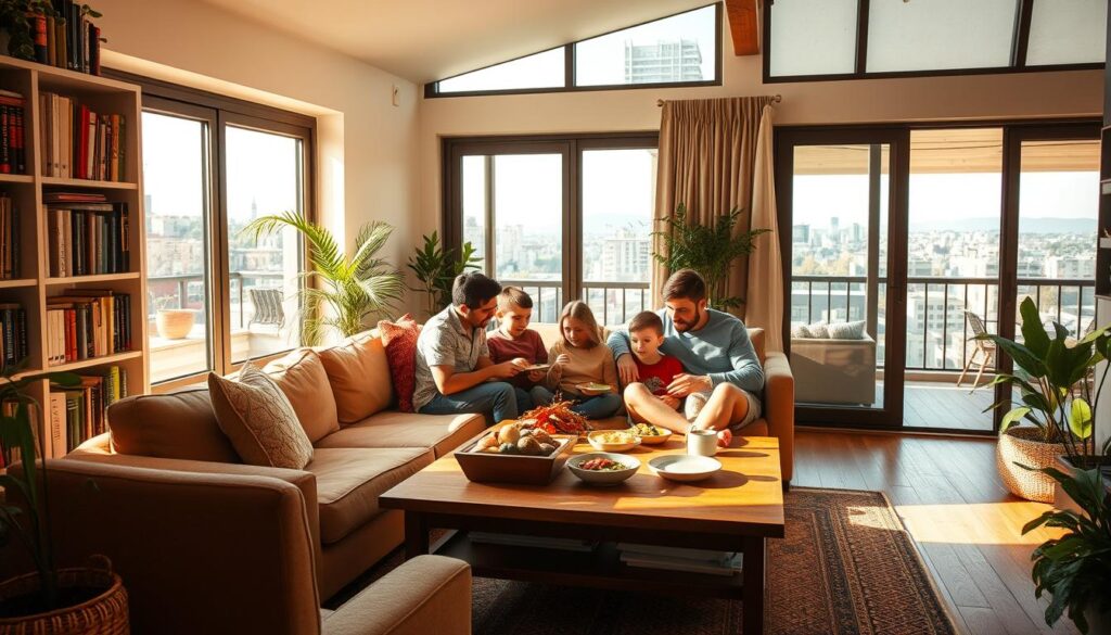 A cozy living room with natural light streaming through large windows, showcasing a plush sofa, a bookshelf filled with eclectic reads, and a planter with thriving greenery. In the middle ground, a family gathered around a wooden coffee table, sharing a simple yet delightful meal. Soft, warm lighting casts a welcoming glow, and the overall atmosphere exudes a sense of comfort and relaxation. In the background, a balcony or patio overlooking a serene urban landscape, hinting at the nearby city while maintaining a peaceful, budget-friendly staycation vibe.