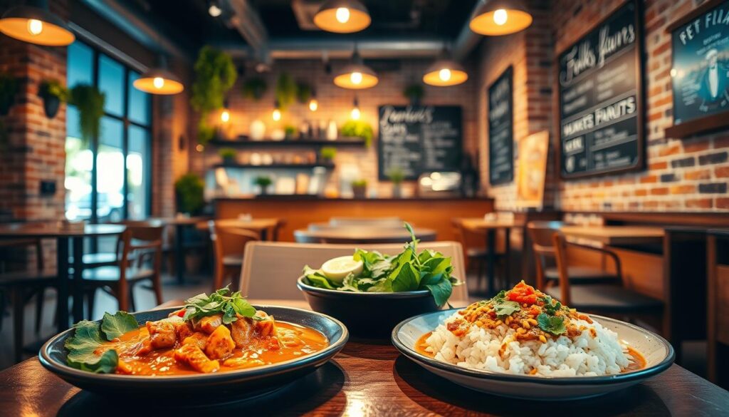A cozy, modern cafe interior with warm, inviting lighting. The foreground features a stylish arrangement of Thai-inspired dishes - fragrant curries, aromatic rice, and fresh herbs. In the middle ground, wooden tables and chairs create a relaxed, communal atmosphere. The background showcases the cafe's rustic-chic decor, with exposed brick walls, hanging plants, and a chalkboard menu highlighting the restaurant's "modern flavors". The overall mood is one of nostalgia and contemporary sophistication, capturing the essence of Folks Collective's culinary experience. A cozy, modern cafe interior with warm, inviting lighting. The foreground features a stylish arrangement of Thai-inspired dishes - fragrant curries, aromatic rice, and fresh herbs. In the middle ground, wooden tables and chairs create a relaxed, communal atmosphere. The background showcases the cafe's rustic-chic decor, with exposed brick walls, hanging plants, and a chalkboard menu highlighting the restaurant's "modern flavors". The overall mood is one of nostalgia and contemporary sophistication, capturing the essence of Folks Collective's culinary experience.
