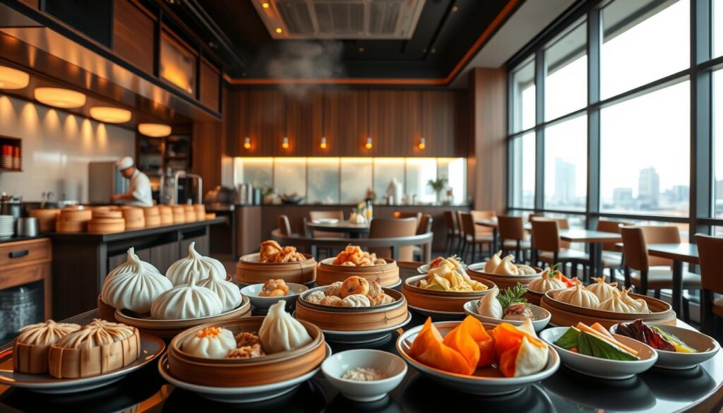 A cozy, modern dim sum restaurant with an open kitchen showcasing the chefs artfully preparing an array of steaming bamboo baskets. In the foreground, a table filled with a diverse selection of dim sum delicacies - fluffy char siu buns, delicate shrimp dumplings, juicy pork xiao long bao, and colorful vegetable-filled dumplings. The middle ground features an elegant, minimalist interior with floor-to-ceiling windows bathed in warm, natural lighting, creating a welcoming ambiance. In the background, a view of the city skyline through the panoramic windows, hinting at the restaurant's contemporary twist on traditional Chinese cuisine.