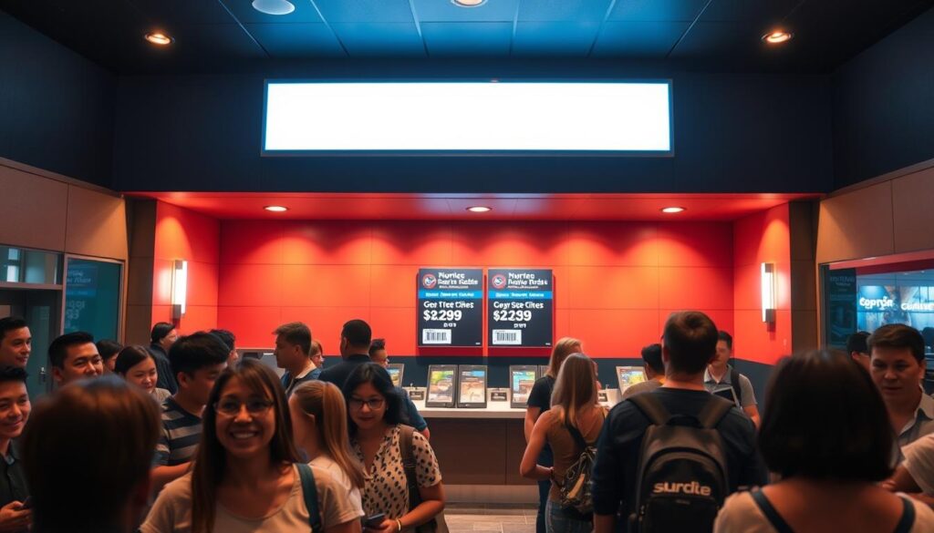 A cozy movie theater lobby with an inviting ticket counter and a prominent display of discounted movie ticket prices. The lighting is warm and ambient, creating a welcoming atmosphere. In the foreground, a crowd of people are purchasing tickets, their expressions eager and excited. The middle ground features a clean, well-organized ticket booth with clear signage highlighting the affordable pricing. The background showcases the theater's sleek, modern design, hinting at a premium cinematic experience without the high cost. The overall scene conveys a sense of value, accessibility, and anticipation for an enjoyable movie-going experience.