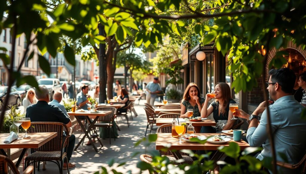 A cozy outdoor cafe on a sun-dappled street, wooden tables and wicker chairs inviting diners to relax and indulge. Vibrant greenery frames the scene, casting gentle shadows as a light breeze rustles the leaves. In the foreground, a group of friends gesturing animatedly, deep in conversation over craft cocktails and shared plates of local delicacies. The background reveals a lively urban landscape, hinting at the broader culinary offerings of the neighborhood. Warm, diffused lighting creates a welcoming ambiance, encouraging a leisurely dining experience that captures the essence of casual elegance.