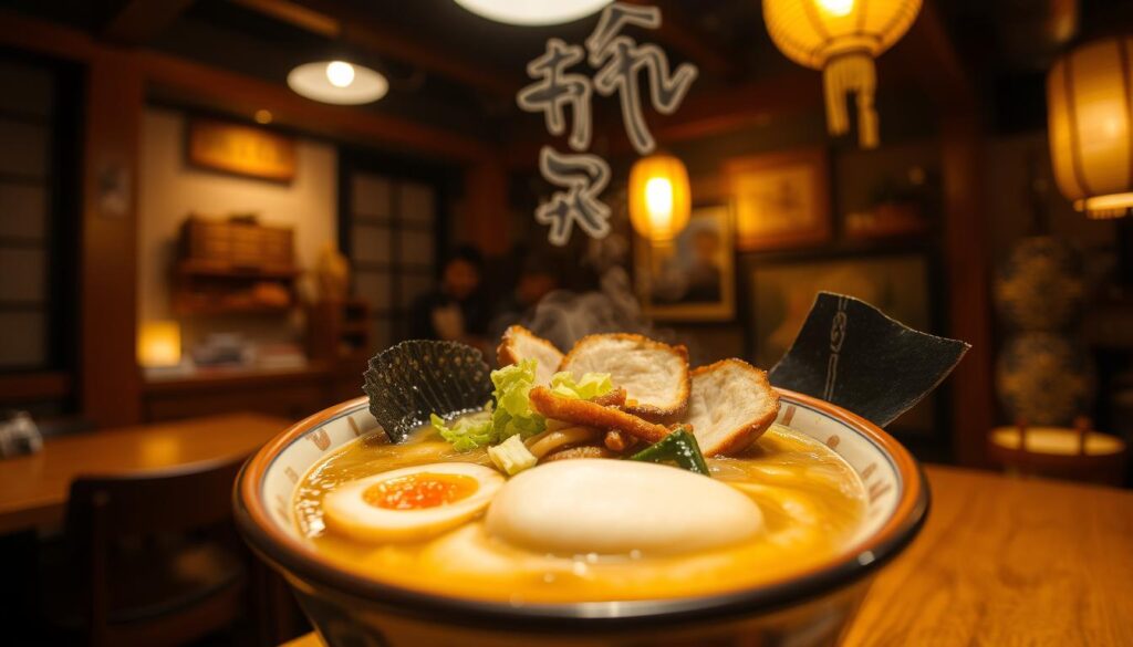 A cozy ramen shop in Hokkaido, Japan, with a warm, inviting atmosphere. The focal point is a steaming bowl of ramen, filled with tender slices of roasted pork, fresh vegetables, and a rich, umami-packed broth. The lighting is soft and golden, creating a comforting ambiance. In the background, glimpses of the traditional Japanese decor, such as wooden beams and paper lanterns, can be seen. The camera angle is slightly elevated, giving a sense of depth and drawing the viewer's attention to the mouthwatering ramen. The overall mood is one of comfort, satisfaction, and the pleasures of a truly exceptional dining experience.
