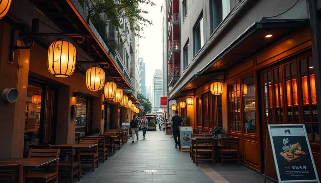 A cozy streetscape in downtown Singapore, showcasing a row of charming, understated Japanese restaurants. The foreground features delicate paper lanterns and neatly arranged outdoor seating, inviting passersby to step inside. The middle ground highlights the warm, inviting facade of the restaurants, with traditional architectural elements like sliding doors and noren curtains. In the background, a glimpse of the bustling city skyline, creating a harmonious contrast between the modern metropolis and the authentic Japanese ambiance. Soft, diffused lighting illuminates the scene, conveying a sense of tranquility and affordable elegance.