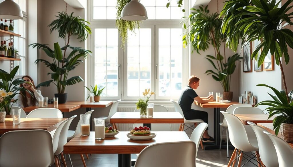 A cozy, sun-drenched brunch cafe with a chic, minimalist interior. Soft natural light filters through large windows, casting a warm glow on the polished wooden tables and sleek white chairs. Lush, verdant plants adorn the space, adding pops of vibrant greenery. Customers sip artisanal coffee drinks and savor photogenic avocado toast, acai bowls, and other photogenic brunch fare. The cafe's clean lines, neutral color palette, and Instagrammable aesthetic create the perfect backdrop for capturing the ultimate brunch experience.