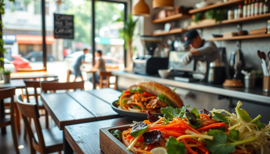 A cozy, sun-drenched cafe nestled in the charming Joo Chiat neighborhood, the rustic wooden tables and chairs inviting patrons to linger over Vietnamese-inspired fusion fare. The aroma of freshly baked banh mi wafts through the air, mingling with the scent of strong Vietnamese coffee. In the foreground, a vibrant display of colorful ingredients - crisp vegetables, tender meats, and tangy sauces - awaits assembly into the perfect fusion sandwich. Behind the counter, a skilled barista pours a rich, dark brew, captured in soft focus. Through the large windows, the bustling street outside is visible, hinting at the dynamic energy of the neighborhood. The overall mood is one of relaxed, artisanal authenticity, inviting the viewer to step inside and experience the fusion of flavors and cultures.