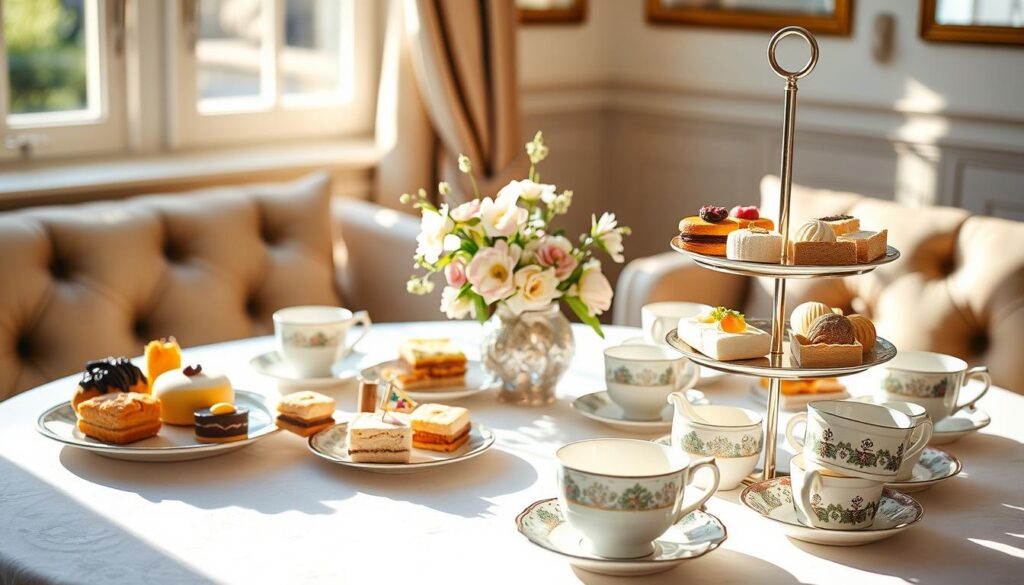 A cozy, sun-drenched table set for an elegant afternoon tea, adorned with a delicate floral centerpiece and an assortment of exquisite pastries, sandwiches, and tea infusions catering to diverse dietary preferences. In the foreground, a tiered stand offers an array of vegan, gluten-free, and dairy-free treats, each presented with care and attention to detail. The middle ground features a selection of fine bone china teacups and saucers, their intricate designs reflecting the refined ambiance. In the background, a softly-lit, luxurious setting with plush upholstery and warm, inviting lighting sets the stage for a truly indulgent high tea experience.